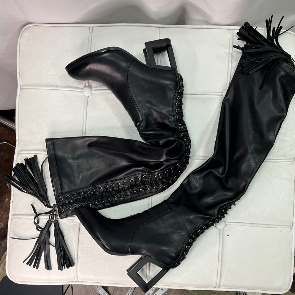 Black Leather Tassel Knee-High Boots